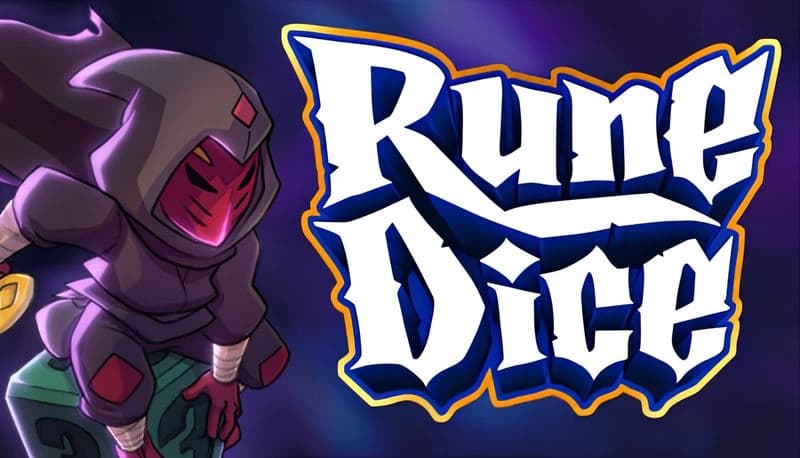 Rune Dice: Hooded figure with glowing mask crouching on dice in dark, magical aura.