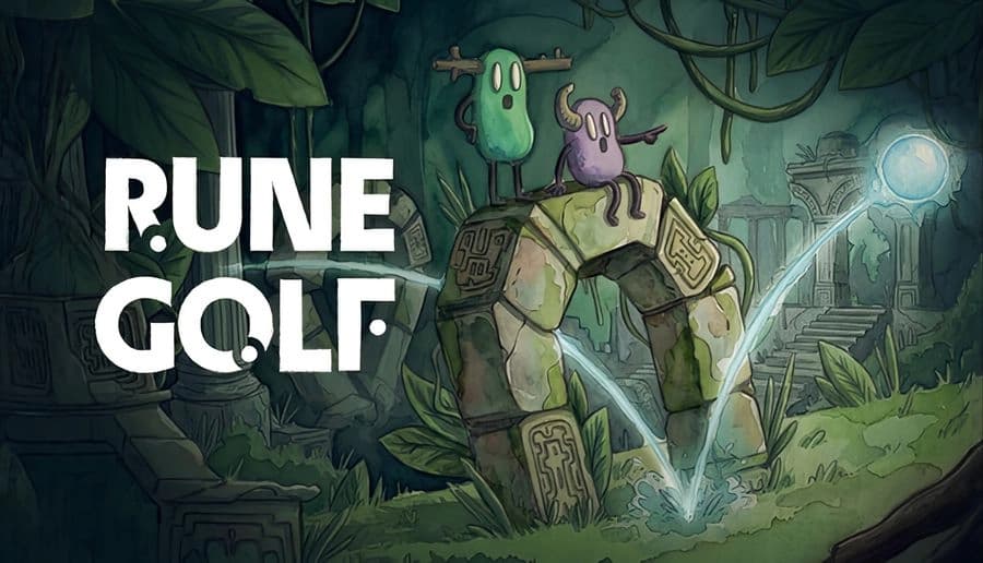 Rune Golf: glowing golf ball arcs into a stone archway with runes, two small creatures atop ruins in jungle.
