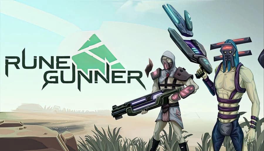 RUNE GUNNER: Armored soldier aims sci-fi rifle beside blue-skinned warrior holding staff on rocky desert plain.