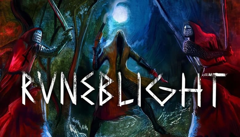 Runeblight: Hooded figure wields shotgun and dagger, flanked by armored knights in red robes under moonlit forest canopy.