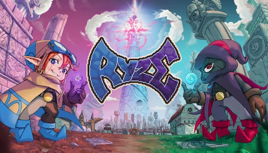 Ryze: Two hooded rogues reach forward beneath the Ryze title, with swirling blue and purple clouds behind them.