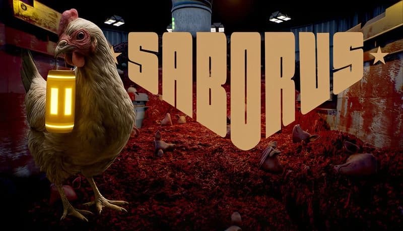 Saborus: A hen holding a glowing lantern walks through a dimly lit barn, surrounded by scattered debris on the red dirt floor.