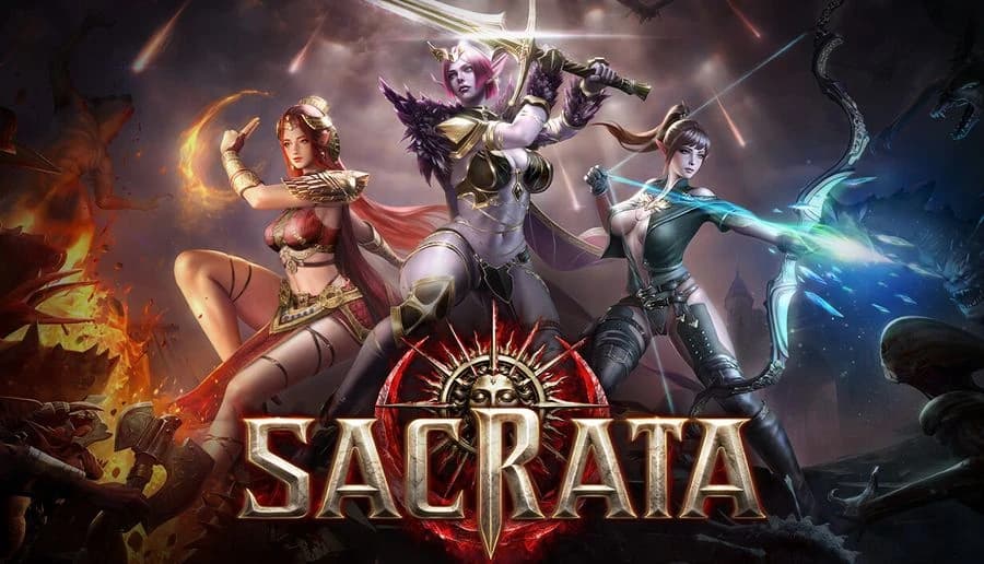 SACRATA: Three warriors battle amid flames and rubble, with a sword and blue magic striking shadowy foes.