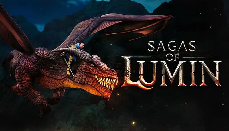 Sagas of Lumin: Young knight in blue-yellow armor rides fierce red dragon over dark mountains, embers glowing around.