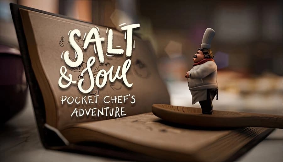 Salt & Soul: Chef in tall hat balances on wooden spoon beside recipe book page in blurred kitchen countertop scene.