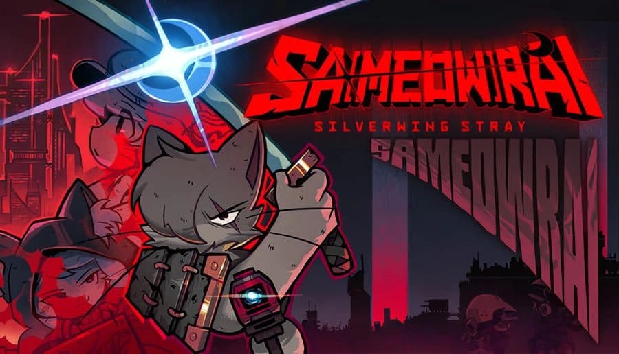 Sa[meow]rai: armored gray cat samurai grips a cyber sword, red neon glow over a dark city skyline backdrop.