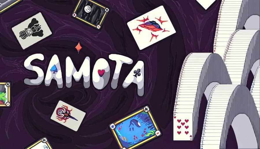 Samota: Large white title over swirling purple background with scattered playing cards and a tall stack of paper at right.