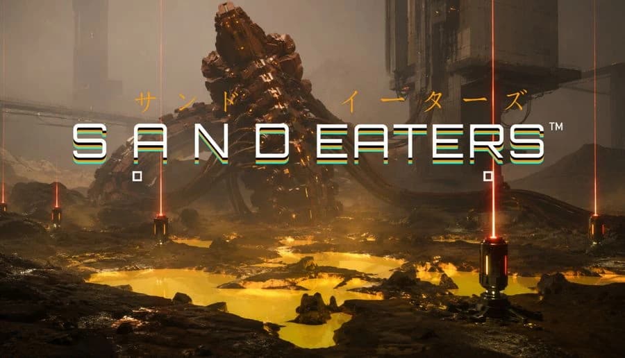 Sand Eaters: massive armored mech rises from sandstorm while red beacon pylons glow in a ruined desert cityscape.