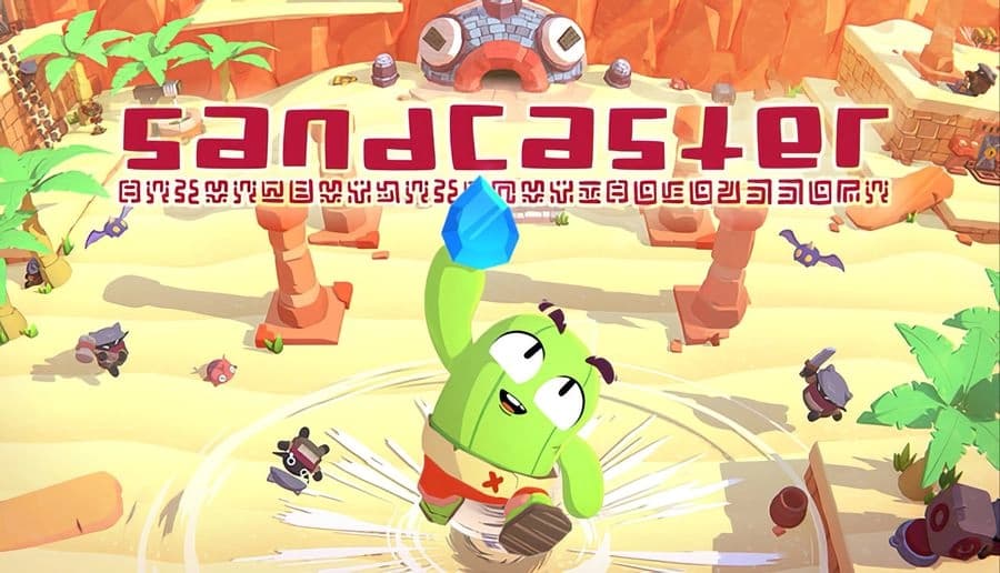 Sandcaster: Green cactus hero holding blue crystal, frowning in desert ruins with palms, sand dunes, and enemies.