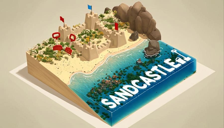 Sandcastle: Giant sandcastle towers with red flags beside a striped beach umbrella on a tropical shoreline lagoon.