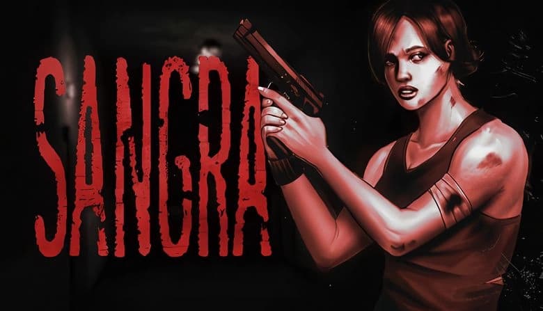 SANGRA: Young woman with short hair holds handgun in dark corridor, tank top and bandaid on arm with visible bloodstain.