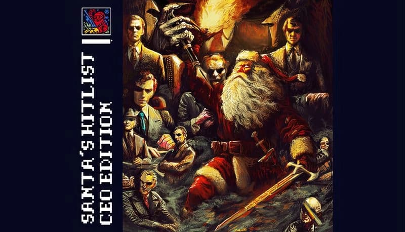 Santa's Hitlist CEO Edition: Santa holds sword amid elite figures in suits, dramatic fire-lit setting, action-packed scene.