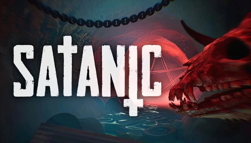 Satanic: A red skull and glowing pentagram in a dark cave, with water reflecting eerie light, and chains overhead.