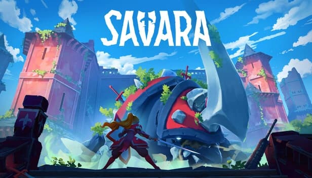 A young woman warrior stands poised with a sword, facing a giant armored beast amid ancient ruins.
