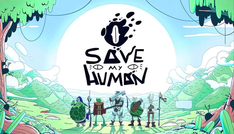 Save My Human: Cartoon pets with weapons stand ready in a vibrant, green valley under a clear blue sky, facing a challenge.