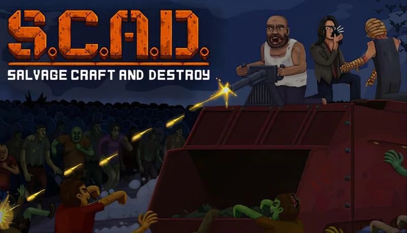 SCAD: Two men on armored vehicle; one fires turret at zombies, other prepares grenade in night setting with zombie horde.