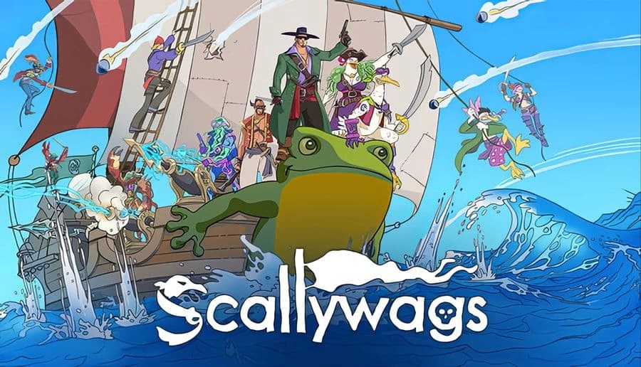 Scallywags: Pirate crew and frog figurehead on sailing ship as colorful fighters leap and swing over waves and cannon fire.