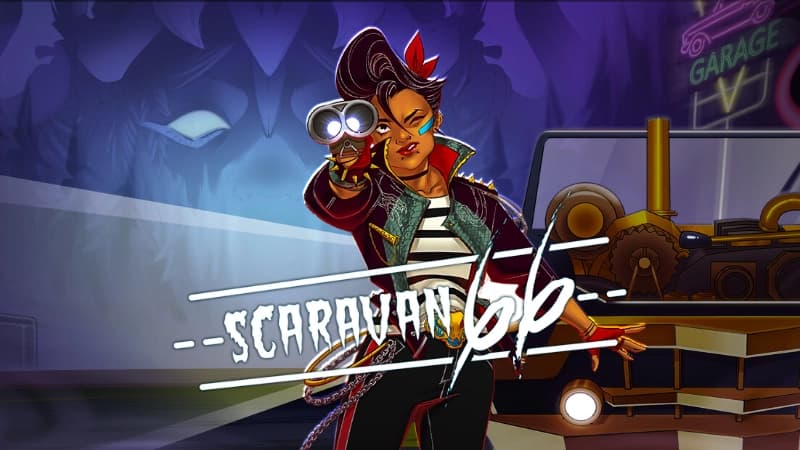 A punk woman aims a double-barrel shotgun toward the viewer, with a muscle car and garage sign behind.