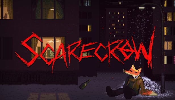 A fox-headed figure sits slumped in an alley under streetlights at night, near a beer bottle.