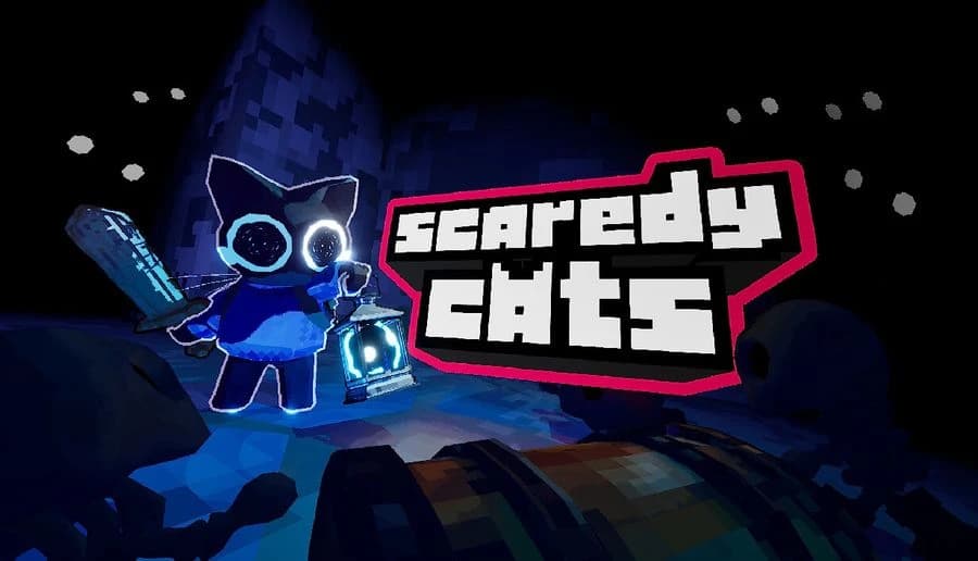 Scaredy Cats: wide-eyed blue cartoon cat holding a bat and lantern on rocky cave floor with floating particles.
