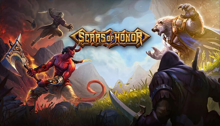 Scars of Honor: gold fantasy title above a cliffside harbor with ships, castle towers, and two adventurers below.