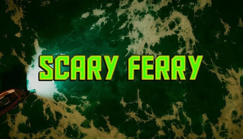 Scary Ferry: Small boat with light navigates dark, swirling green waters with visible whitecaps and turbulent currents.