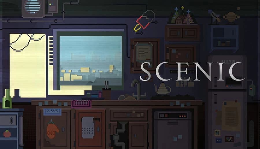 Scenic: pixel-art kitchen counter with appliances and sink, window showing city skyline in blue dusk light.