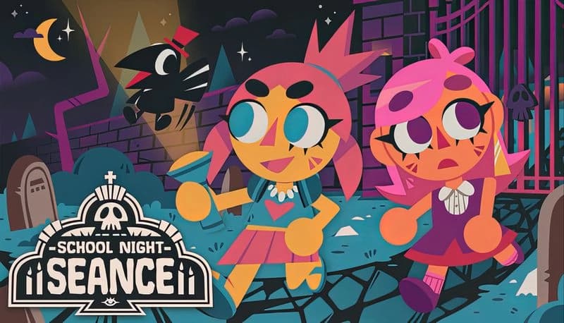 School Night Seance: Two young girls run through a graveyard, one holding a flashlight, under a starry sky with a crow nearby.
