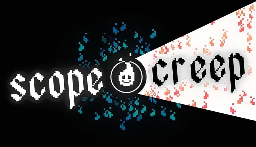 SCOPECREEP: White pixelated title with candle icon, scattering particles, on black background with bright wedge light.