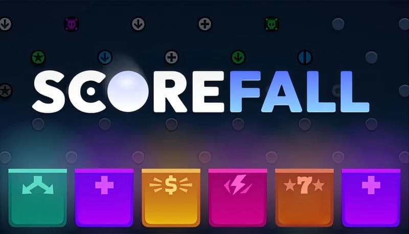 Scorefall: Bright icons and geometric symbols float against a dark background, suggesting upgrades in a digital landscape.