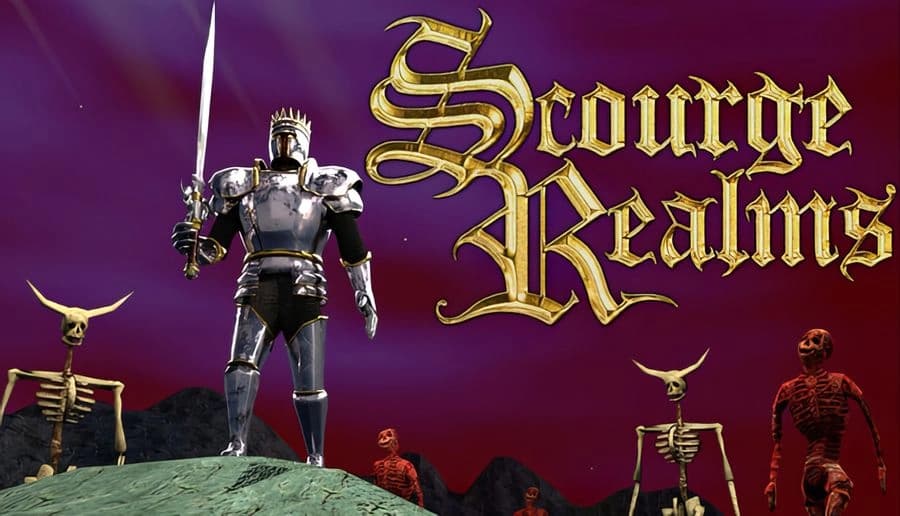 Scourge Realms: armored knight holding sword on rocky hill as skeletons and red demons rise under purple sky.
