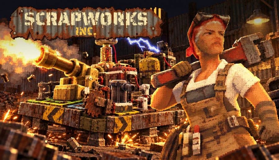 Scrapworks Inc.: woman in welding overalls holding a wrench beside a scrap-built tank in a smoky workshop bay.