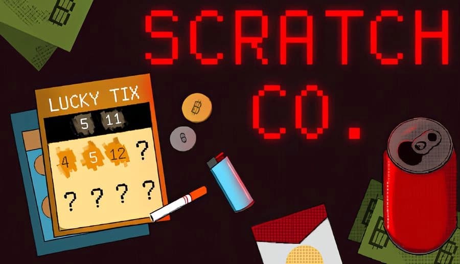 SCRATCH CO.: Scratch ticket with coin and cigarette on table beside lighter, cards, and red can in dark room.