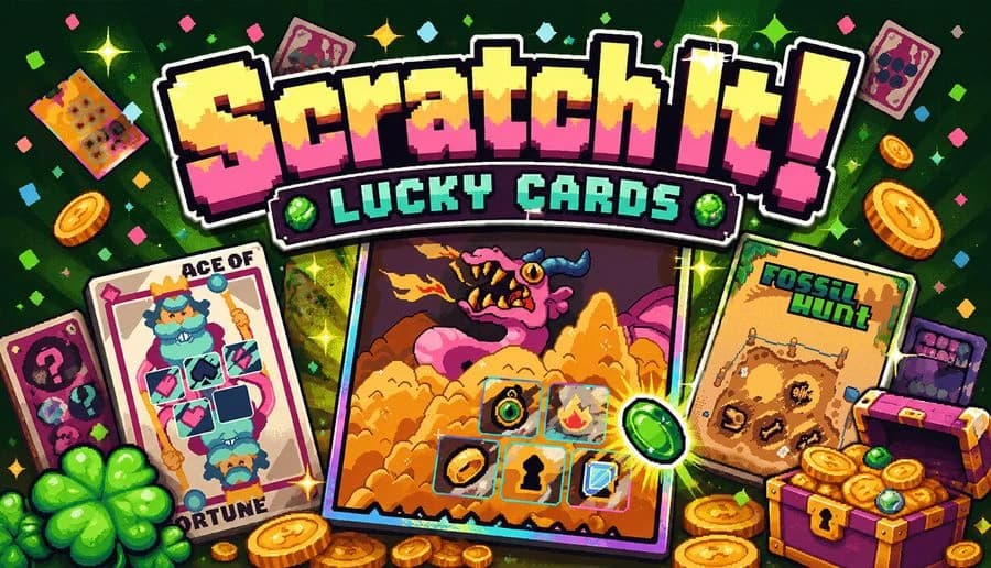 Scratch It! Lucky Cards: Pile of scratch cards and gold coins with purple monster and treasure chests in casino scene.
