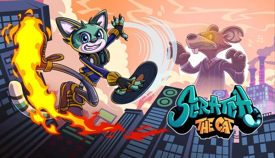 Scratch The Cat: DJ cat leaps on flaming trail, flashing peace sign amid speaker stacks, city skyline and rat foe.