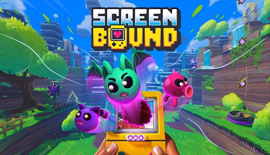 Screenbound: green floating creature pops from handheld screen toward player over bright valley and futuristic city.