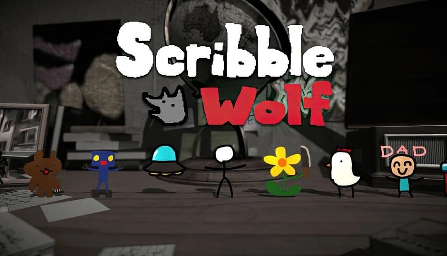 Scribble Wolf: seven doodle figures lined up, including bear, robot and flower, in a dim room with boards and photos.