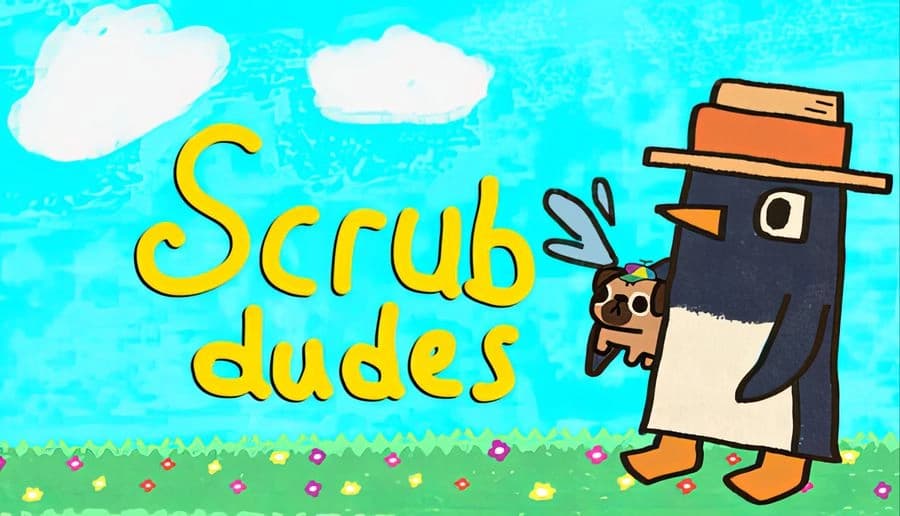 Scrub Dudes: Penguin wearing hat holds a small watering can in grassy field under a bright blue sky with scattered clouds.
