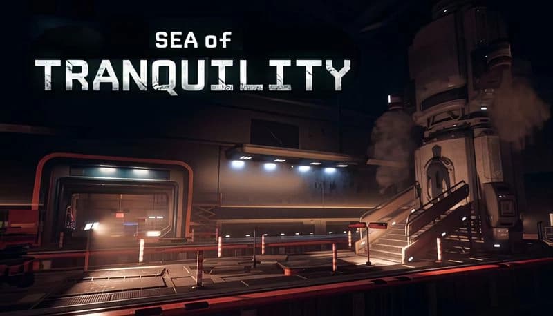 Sea of Tranquility Demo: Shadowed figure ascends industrial stairs in dimly lit sci-fi facility with red-lit hallway.