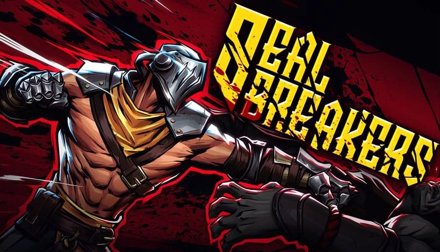 Sealbreakers: armored fighter throws a punch, scarf flying red cracked backdrop with bold yellow lettering behind.