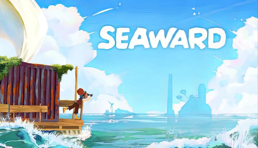 Seaward: young woman photographs seascape from wooden dock beside red cliff, turquoise water and distant city skyline.