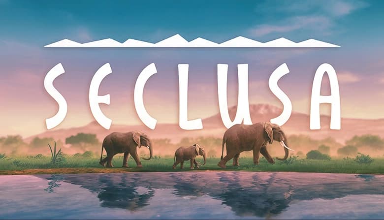 A serene landscape with three elephants, including a calf, walking along a grassy riverbank at sunset. Hills in the distance.