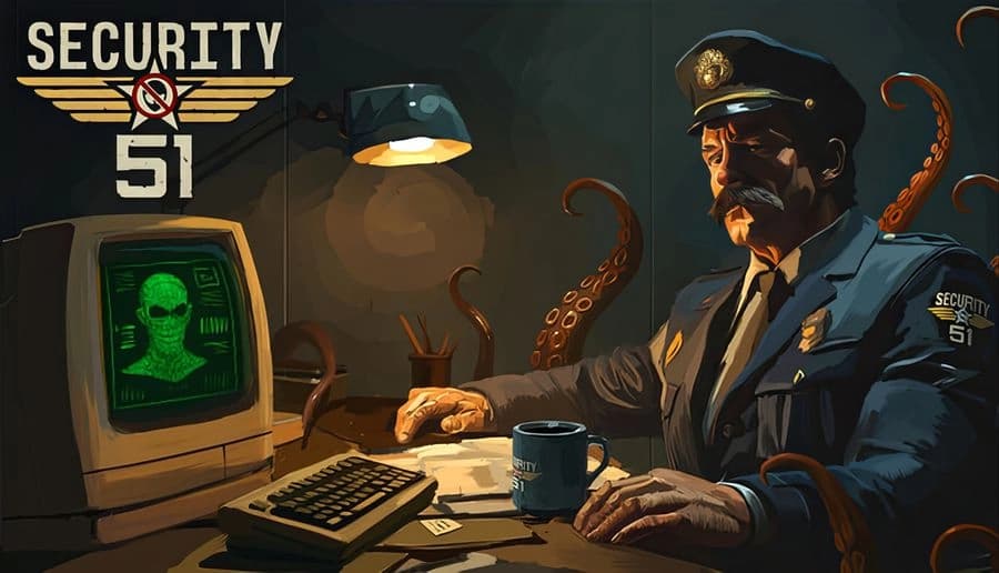 Security 51: Mustached security officer at desk watching green monitor, tentacles creep in dim office at night.