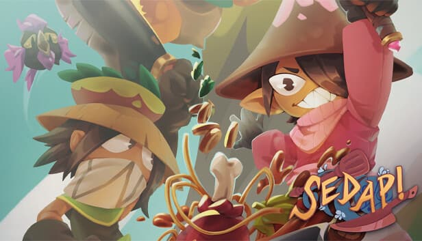 SEDAP: Two animated figures in vibrant natural hats hurl food in chaotic battle, soup splashing, chicken leg in the center.
