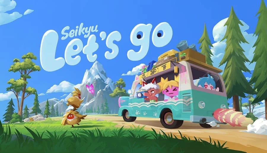 Seikyu Let’s Go!: Friends wave from a teal campervan on a forest roadside with a mountain peak and small monster nearby.