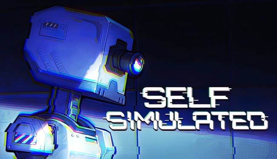 Self Simulated: close-up of blue robot head with glowing lens eye and cables on dark background with scanlines.