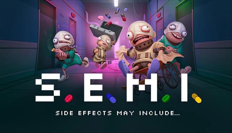 S.E.M.I. – Side Effects May Include...: Three cartoonish figures in hospital gowns wheel rapidly down a dim hallway.