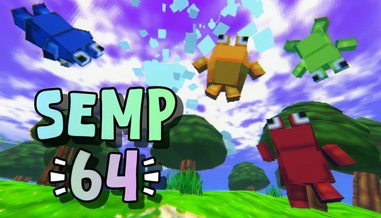 Four colorful, cube-shaped creatures with large eyes jump against a vibrant purple sky. Lush green trees below.