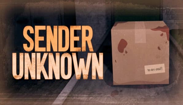 Sender Unknown: Large taped cardboard box with stains and warning note on a dark desk in a dim room.