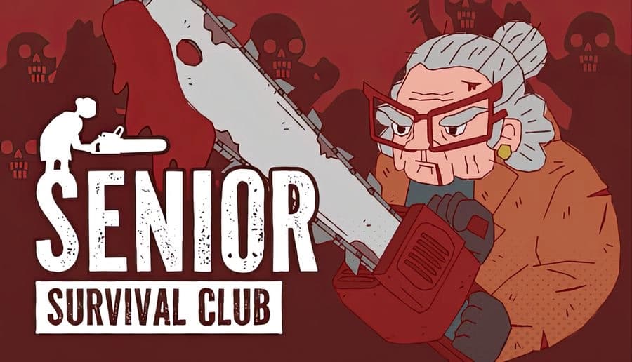 Senior Survival Club: stern old woman gripping a large chainsaw close-up against red background with splatters.